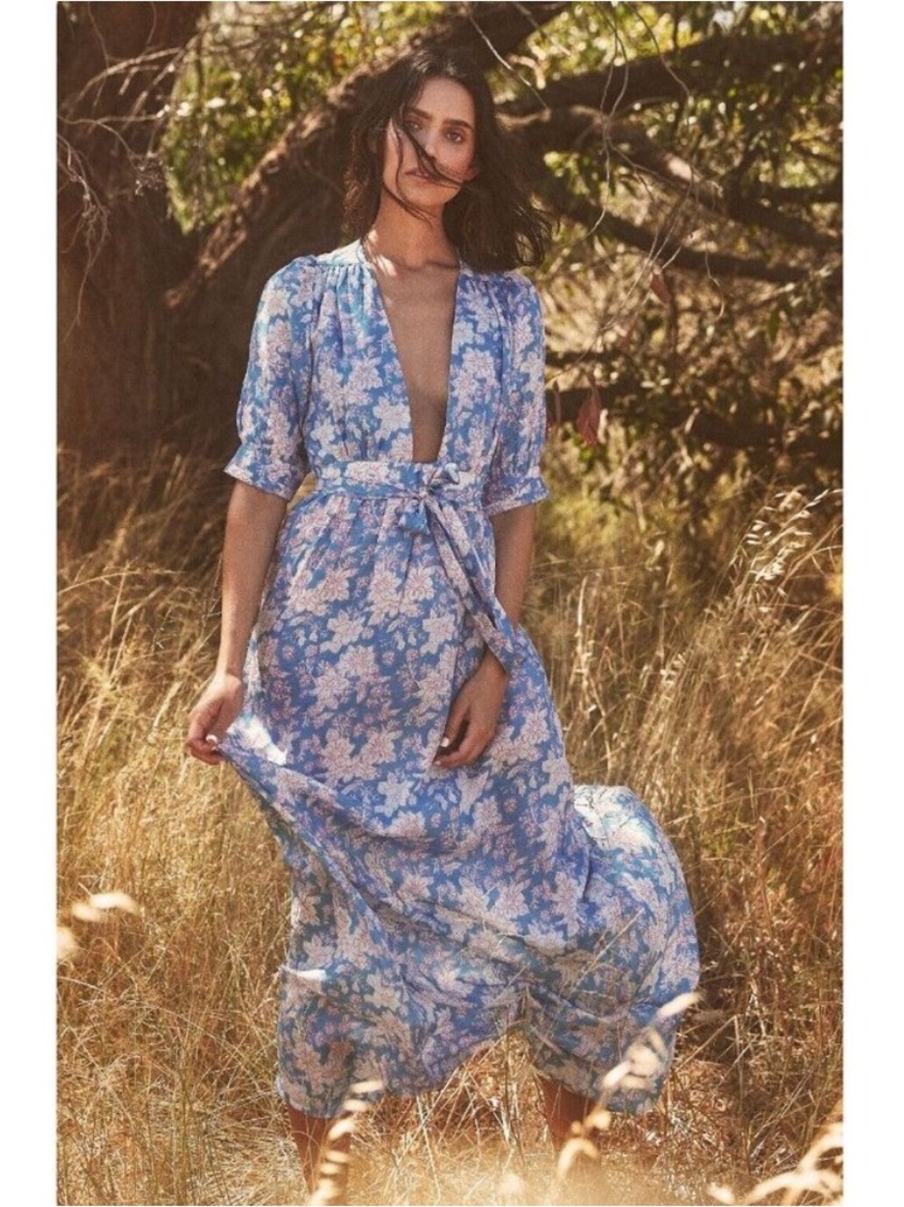 Hannah Artwear Blue and Pink Floral Surya Open Back Silk Maxi Dress OS